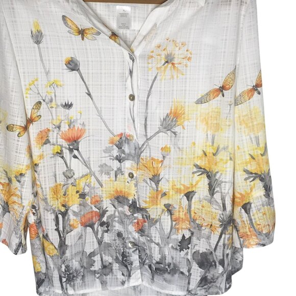 Alfred Dunner Shirt Womens XL White Floral Butterfly Button Front 3/4 Sleeve - Picture 2 of 16